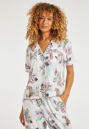 Womens Ivory Tropical Print Satin Pyjama Top