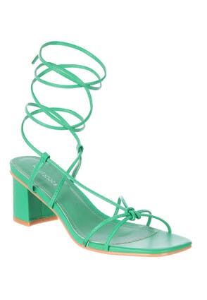 Womens Green Ankle Tie Block Heel Sandals