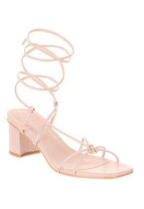 Womens Pink Ankle Tie Block Heel Sandals