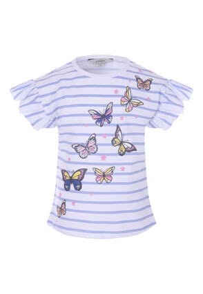 Younger Girls Bue Stripe Butterfly Frill Top