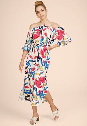 Womens Cream Leaf Print Bardot Midi Dress