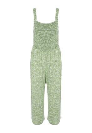 Womens Green and White Shirred Bodice Jumpsuit