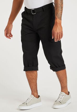 Mens Black Belted Roll Up Cargo Shorts