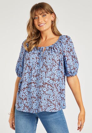 Womens Blue Floral Print Gypsy Top