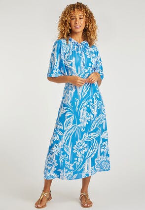 Womens Blue Floral Lace Up Midi Dress