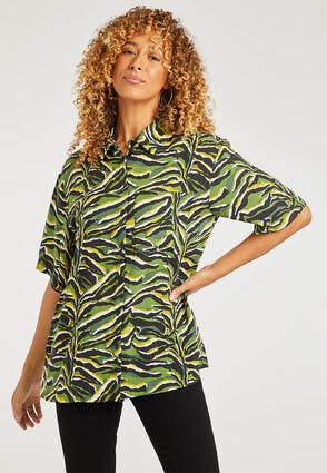 Womens Khaki Zebra Print Short Sleeve Shirt