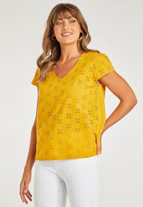 Womens Mustard Broderie Lace Front T-Shirt