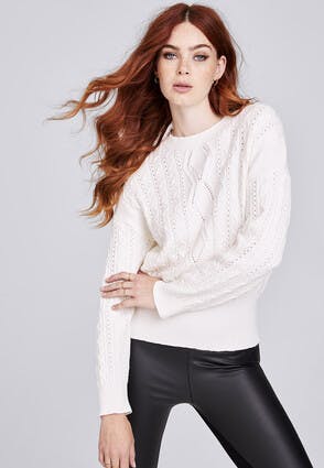 Womens Ecru Pointelle Cable Knit Jumper