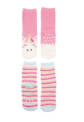 Girls 2pk Pink Stripe Unicorn Slipper Socks