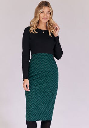 Womens Green Jacquard Pencil Skirt