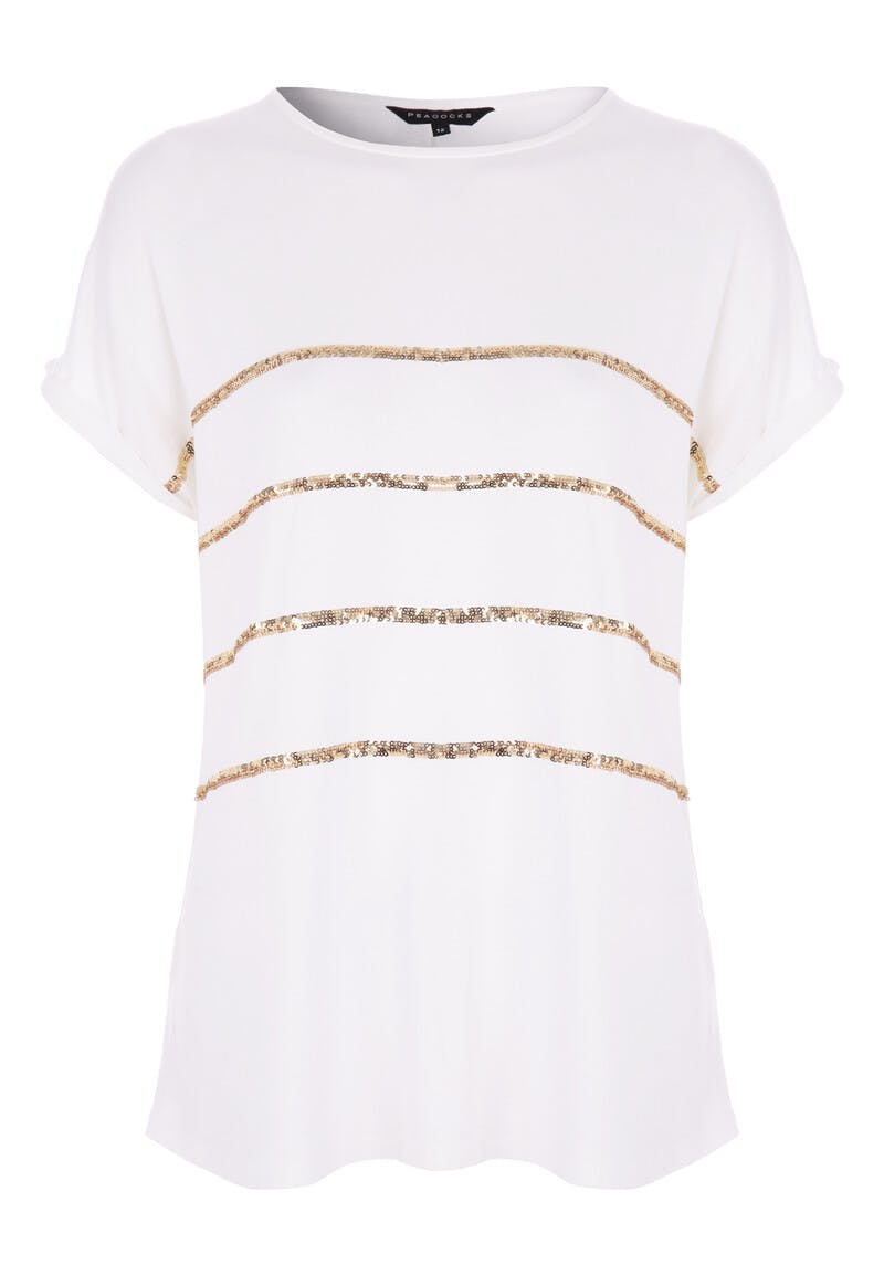T-shirt Cream | Horizontal Sequin Womens Peacocks Stripe