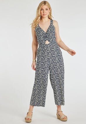 Womens Navy & White Linen Blend Cropped Jumpsuit