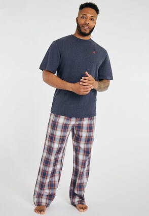 Mens Navy And Red Check Jersey Pyjama Set