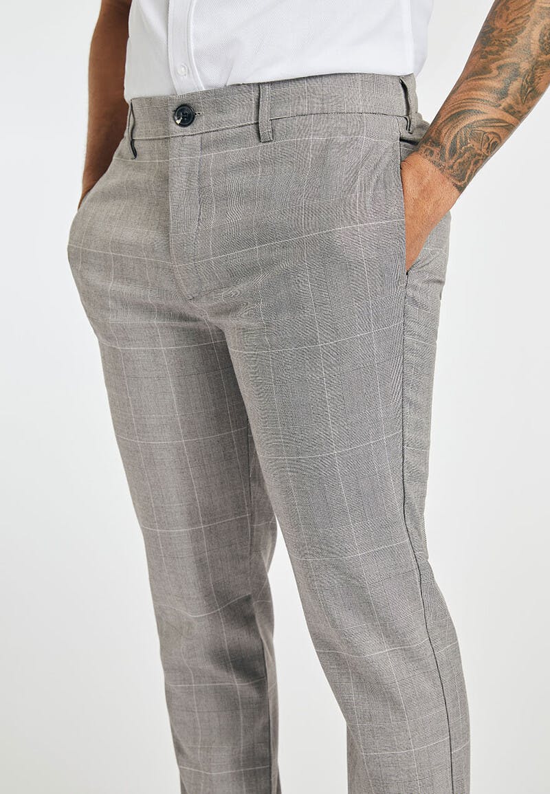 Mens Grey Slim Fit Checkered Casual Chinos Pants with Stretch  Urbano  Fashion