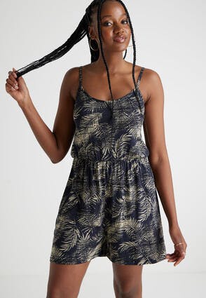 Womens Navy Leaf Strappy Playsuit