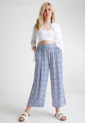 Womens Blue & White Tile Crinkle Culottes 