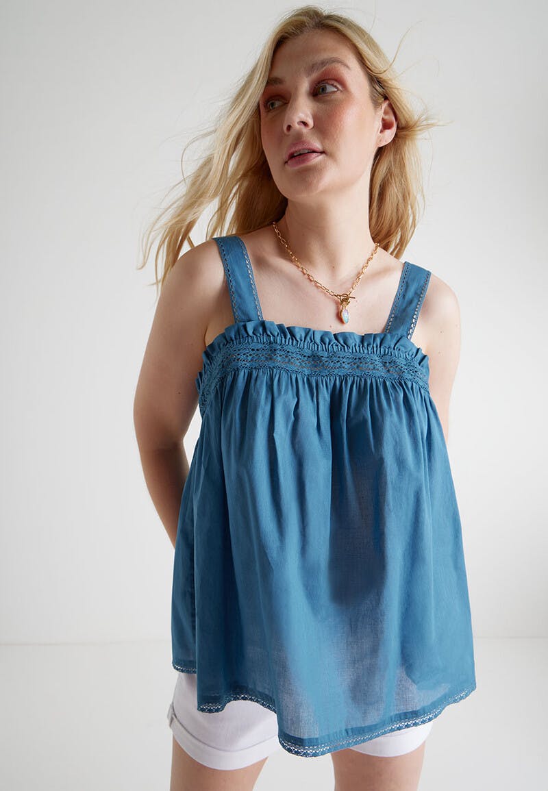 Womens Blue Lace Cotton Shell Top | Peacocks