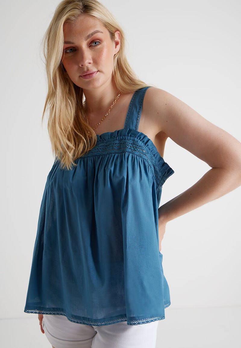 Womens Blue Lace Cotton Shell Top | Peacocks