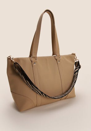 Camel textured faux leather and boucle tote bag