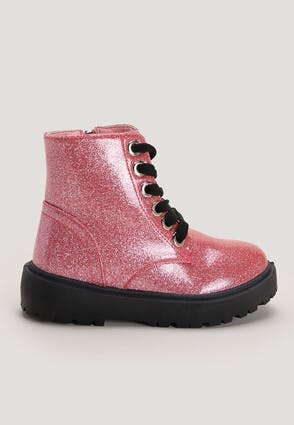 Younger Girls Pink Glitter Lace Up Boots 