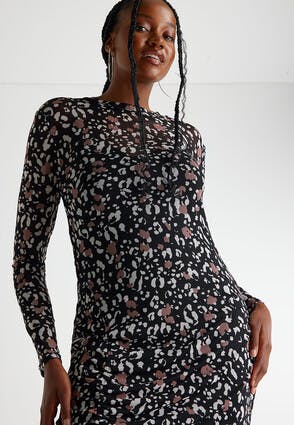Womens Black & Tan Animal Print Mesh Midi Dress