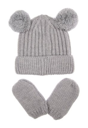 Baby Grey Ribbed Pompom Hat and Mitten Set
