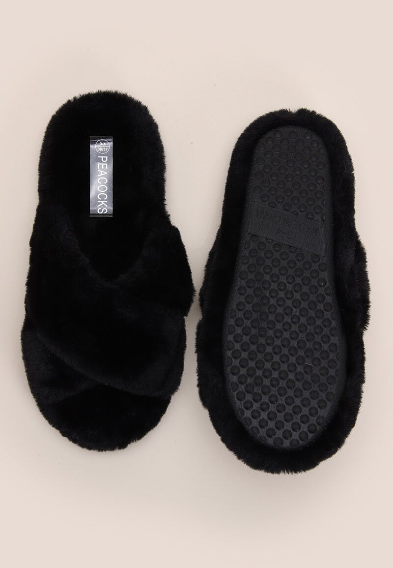 Womens Black Faux Fur Slippers | Peacocks