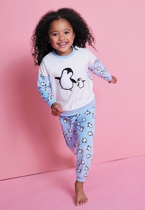 Girls Light Blue Penguin Baby Fleece Pyjama Set