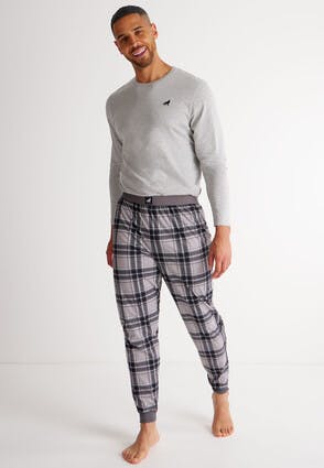Mens Grey & Black Check Fleece Lined Pyjama Bottoms