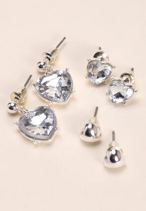 Womens 3pk Silver Crystal Heart Earrings