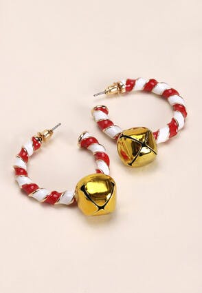 Womens Red & White Christmas Candy Cane Hoop Earrings