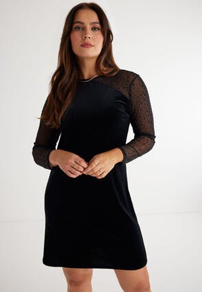 Womens Black Velvet Long Sleeve Dobby Dress
